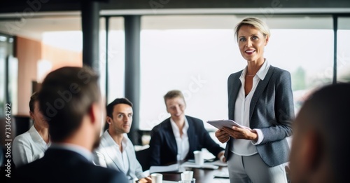 a boardroom setting, of a mature businesswoman confidently presenting her ideas to a group of attentive colleagues