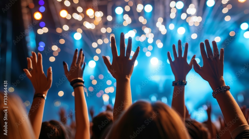 a crowd of people raising their hands in front of a spectacular fireworks display. celebration in the crowd. The atmosphere is filled with smoke and light, creating an ethereal effect. - obrazy, fototapety, plakaty 