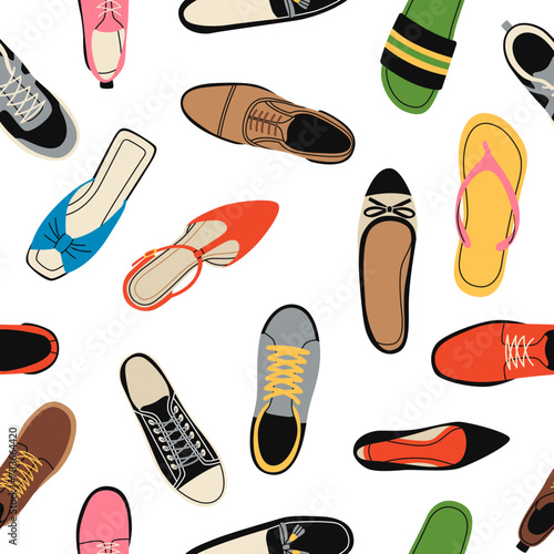 Female and male shoes seamless pattern. Different types of modern footwear, boots, sneakers, pumps, flip flops. Decor textile, wrapping paper, wallpaper design. Tidy vector background