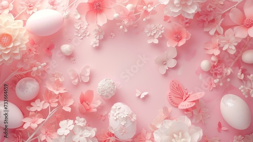 spring and Easter holidays. eggs on a soft pink background are mixed with white paper flowers.