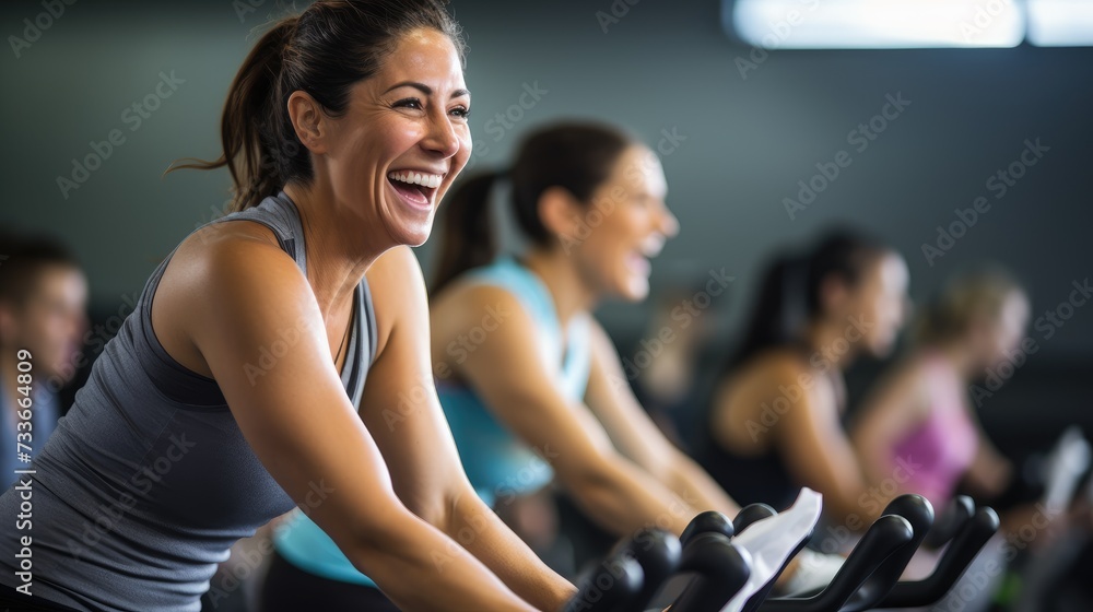 Energetic Fitness Class Enjoying a Group Cycling Workout Energetic Fitness Class Enjoying a Group Cycling Workout