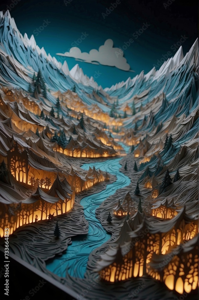 Paper winter mountains, river and forest with fairy tale atmosphere. Paper winter mountains, river and forest with fairy tale atmosphere.