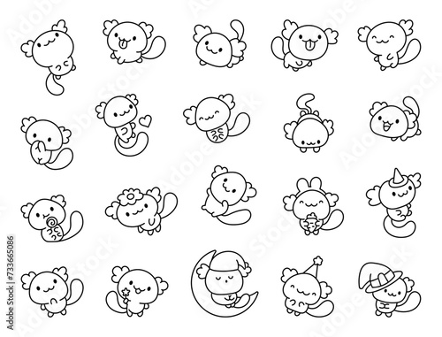 Cute kawaii axolotl. Coloring Page. Cartoon funny animals characters. Hand drawn style. Vector drawing. Collection of design elements.