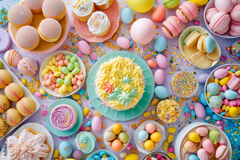 top view of various Easter colorful sweets and Easter eggs flat lay on light blue background top view of various Easter colorful sweets and Easter eggs flat lay on light blue background