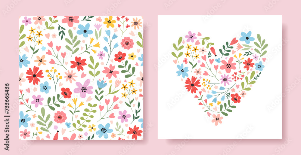 Set of floral seamless pattern and floral heart. Romantic spring summer design. Perfect for decoration holiday greeting cards, posters, banners, fabric, cover, wallpaper, wrap paper.
