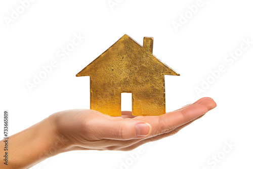 Hand holding a simple house made of gold on transparency background PNG