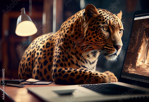Leopardo Branco estudando no seu computador. Generative AI photo
