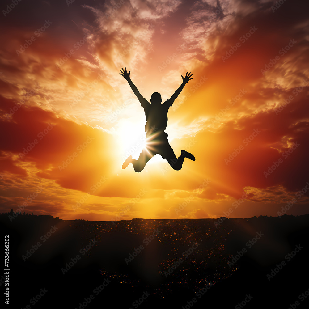 Silhouette of a person jumping against the sun.