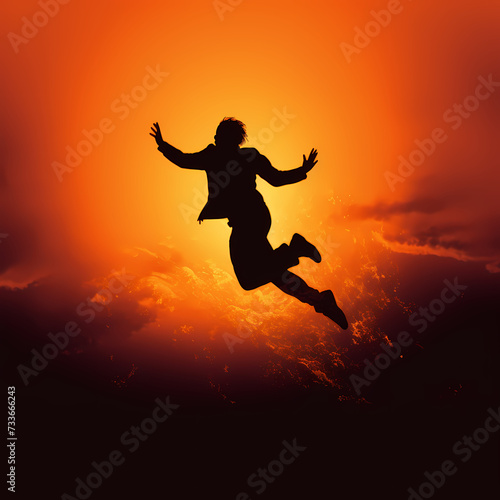 Silhouette of a person jumping against the sun. © Cao