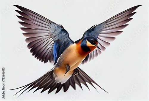 Barn Swallow Flying wings spread, bird, Hirundo rustica, flying against white background. Generative AI