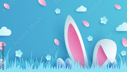 Joyous Easter holiday featuring eggs, rabbit ears, and flowers against a vibrant backdrop and paper style. Suitable for greeting cards or party invitations.