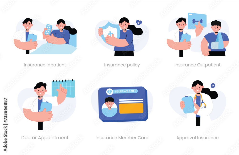 Medical Insurance set. insurance inpatient, insurance policy, insurance outpatient, doctor appointment, insurance member card, approval insurance. vector illustration
