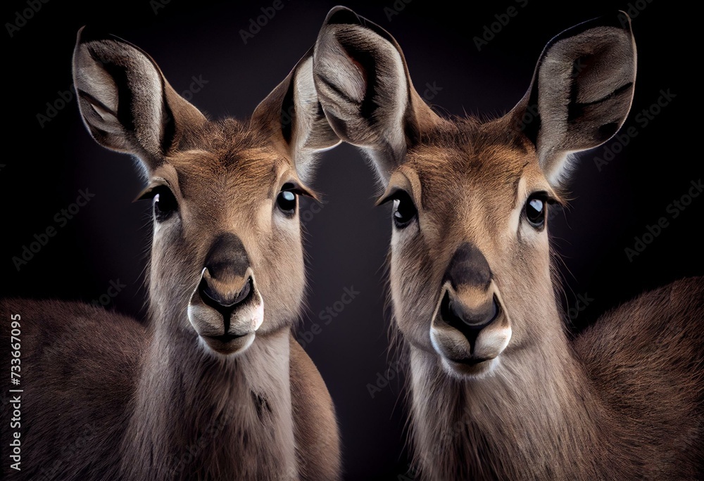 Close-up of two female common waterbuck side-by-side. Generative AI - obrazy, fototapety, plakaty 