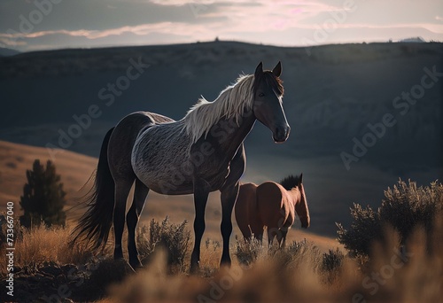 Wild horses in summer in the Pryor Mountains Montana. Generative AI photo