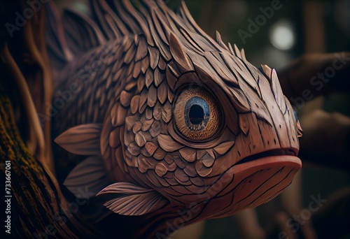the head of a fish in wood fantasy. Generative AI