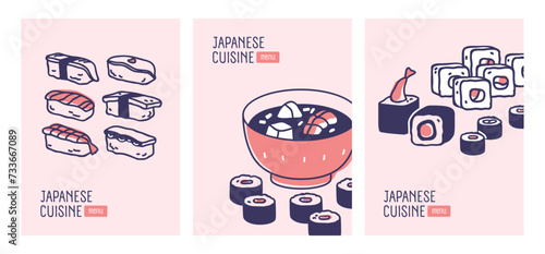 Japanese food restaurant, menu cover design. Japan cuisine, Asian bar, vertical backgrounds, cards set. Sushi, nigiri, maki, rolls and soup, Eastern banner templates. Flat vector illustration