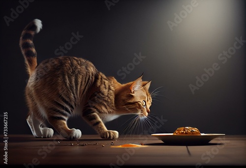 Purebred cat walking behind the meal. Generative AI
