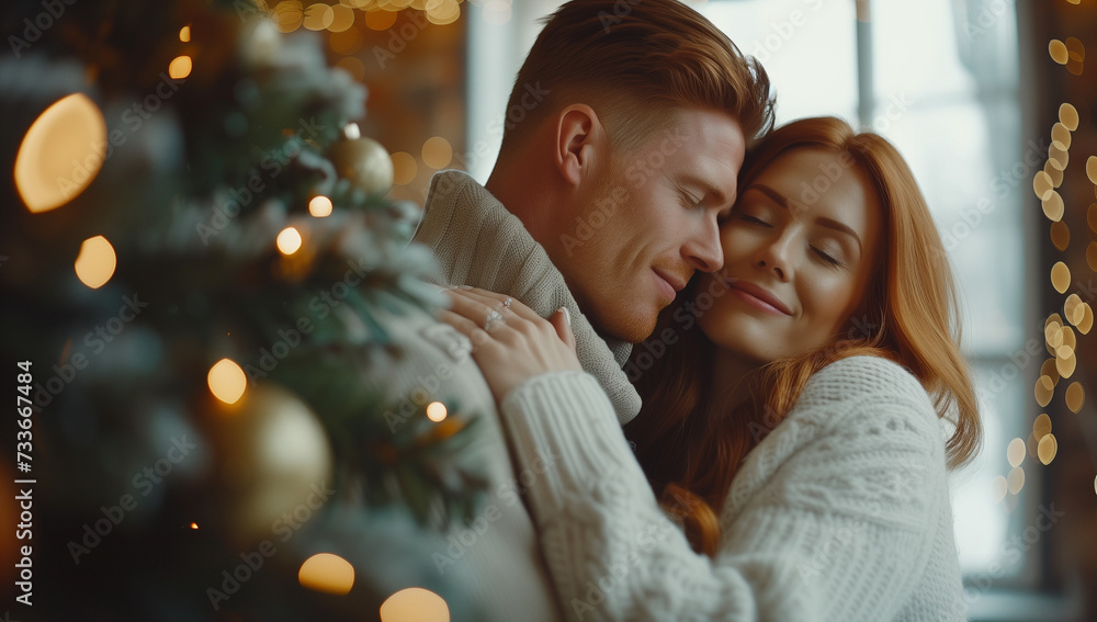 loving couple hugging by the cristmas tree. loving couple hugging by the cristmas tree.