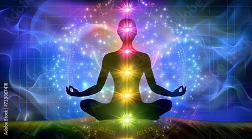 spiritual image of a silhouette of a person in yoga position, chakras illuminated, surounded by energy waves.