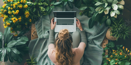 trop view of a young woman on her laptop surounded by plants, boho chic. photo