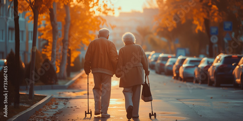 elderly couple walking in the street together