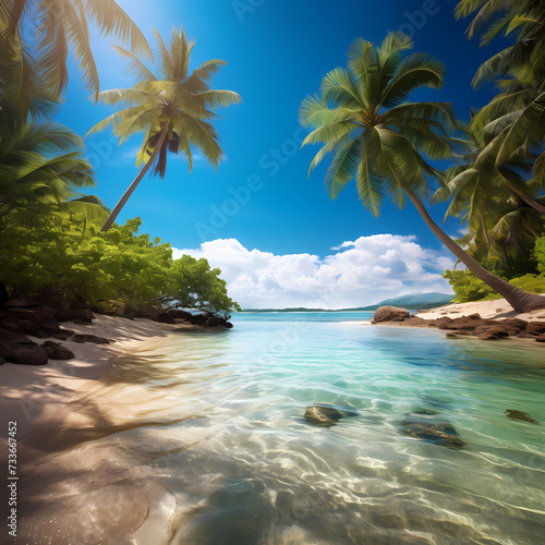 Tropical paradise beach with palm trees.