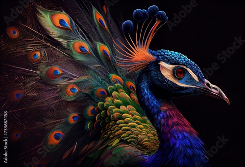 illustration peacock details  with colorful feathers in dark background. Generative AI