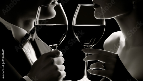 Sensual black and white image of a couple facing each other holding wine glasses. In the style of 50 shades of grey.