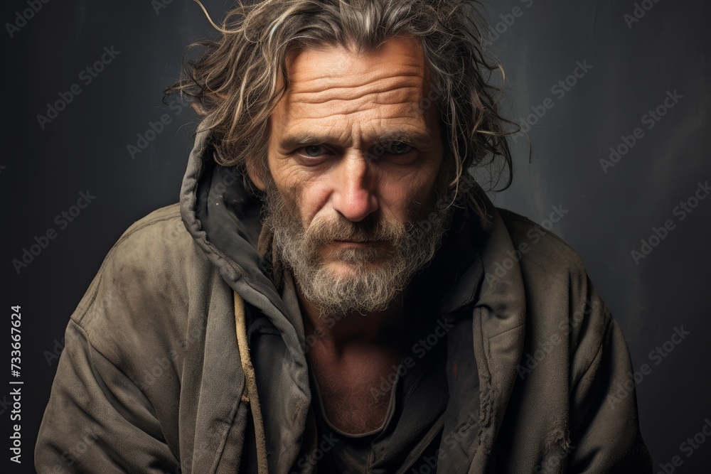 
Photo A middle-aged homeless man, 40 years old, wearing a forlorn look, symbolizing the struggles of those battling homelessness on a solid muted brown background