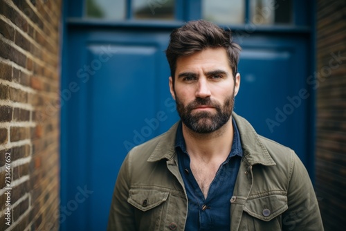 Portrait of a handsome young man with beard and mustache in a urban context