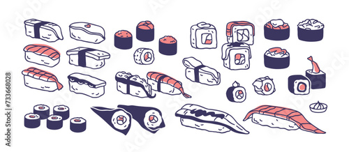 Sushi set. Asian Japanese food. Japan rolls, maki, uramaki, nigiri, temaki. Asia cuisine, seafood with rice, nori, fish, salmon, tuna. Flat graphic vector illustration isolated on white background