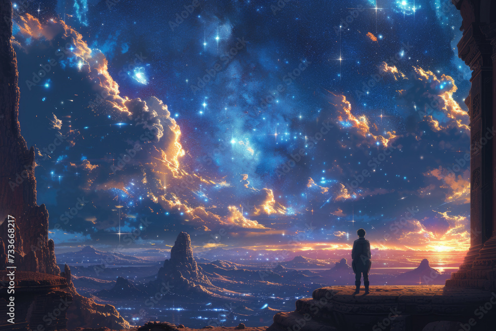 A lone figure stands on a precipice, gazing into a vibrant cosmic abyss with stars and nebulae painting a spectacular scene of wonder.