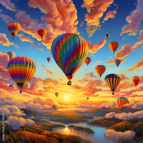 Vibrant hot air balloons against a sunrise sky. 
