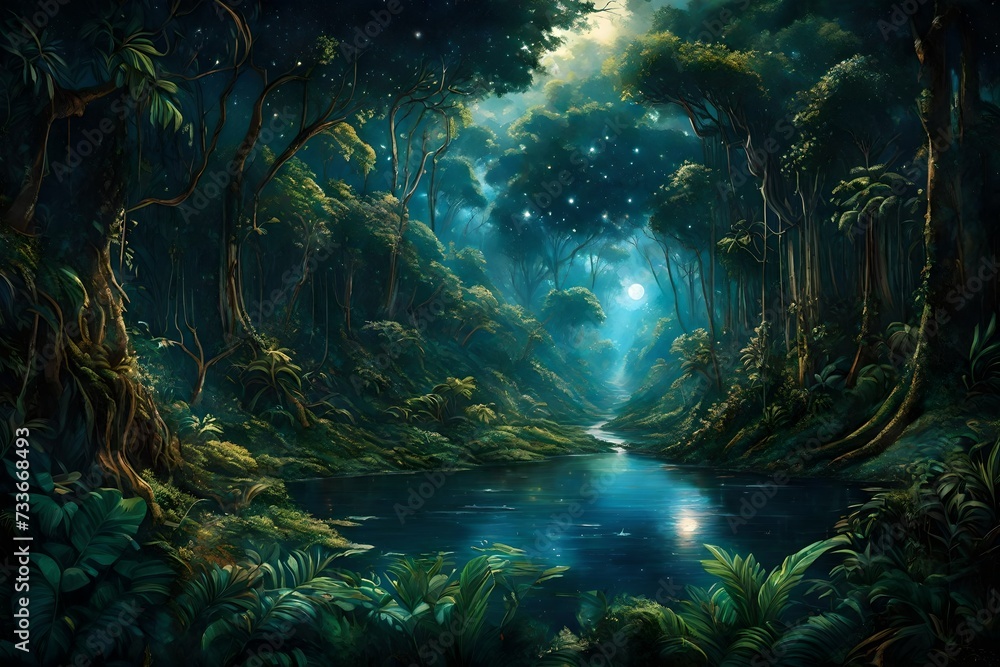 A tranquil vein snaking through the dense jungle, serves as a canvas for the cosmic artistry above. Stars sprinkle the sky, creating a breathtaking celestial panorama
