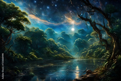 A tranquil vein snaking through the dense jungle  serves as a canvas for the cosmic artistry above. Stars sprinkle the sky  creating a breathtaking celestial panorama