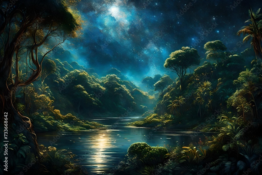 A tranquil vein snaking through the dense jungle, serves as a canvas for the cosmic artistry above. Stars sprinkle the sky, creating a breathtaking celestial panorama