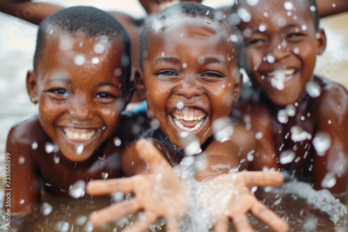 African children enjoy clean water and stretches out his hands to tank with fountain of clean water