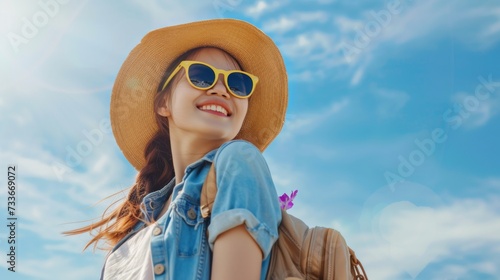 A happy young tourist woman wearing a beach hat, sunglasses, and backpack is going to travel on holidays on a blue sky background.