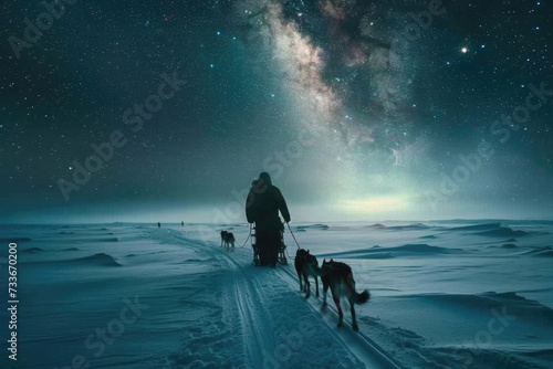 Frozen journey, person with sled of dogs traverses snowy antarctica, an epic adventure through icy landscapes with loyal canine companions, exploring the remote and pristine wildernes photo