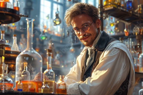 A charming chemist with tousled hair smiles confidently, surrounded by an array of colorful glassware that illuminates his vintage-styled laboratory with a warm, inviting glow. photo