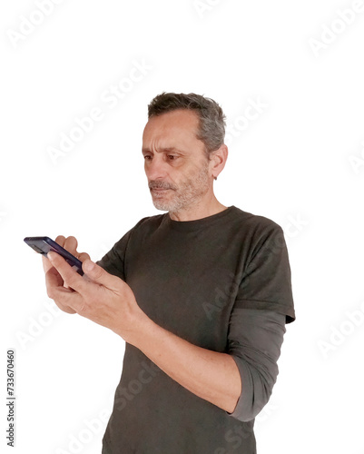 A mature man using his mobile phone, isolated for white background © Antonio