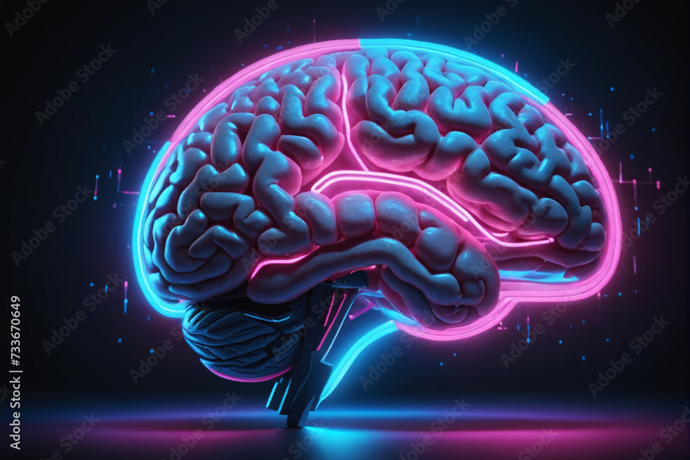 A digital representation of a human brain glows with neon blue and pink lights, surrounded by dynamic data rings on a dark background A digital representation of a human brain glows with neon blue and pink lights, surrounded by dynamic data rings on a dark background