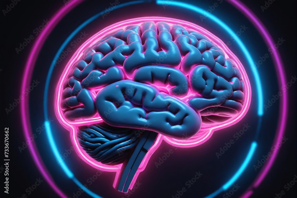 A digital representation of a human brain glows with neon blue and pink lights, surrounded by dynamic data rings on a dark background A digital representation of a human brain glows with neon blue and pink lights, surrounded by dynamic data rings on a dark background