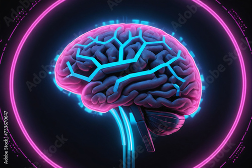 A digital representation of a human brain glows with neon blue and pink lights, surrounded by dynamic data rings on a dark background