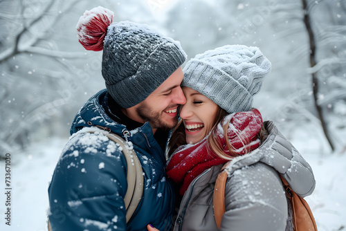 Young adult heterosexual Caucasian couple in beautiful snowy winter nature