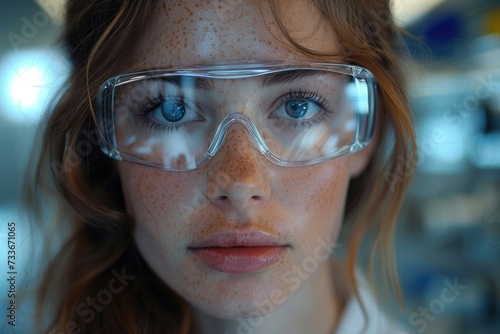 A focused female chemist with red hair examines samples, her clear safety glasses reflecting the laboratory's bright lights and her intense concentration.
