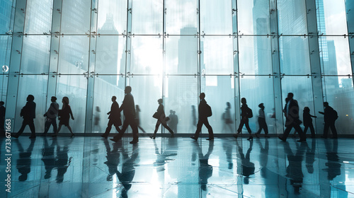 Business Company. abstract motion blur image of business people crowd walking at corporate office in city downtown, goal, silhouette tone, blurred background, business center concept