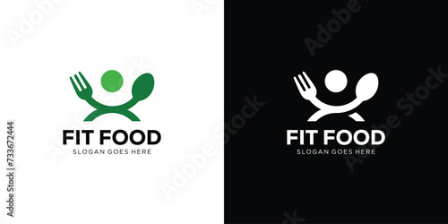 Creative Simple Fit Food Logo. People and Spoon Fork with Minimalist Style. Diet Logo Icon Symbol Vector Design Template.