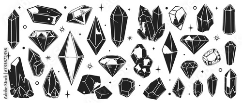 Crystals vector illustration set. Mineral, moon stone, quartz, diamond in style of hand drawn black doodle on white background. Gemstone silhouette sketch photo