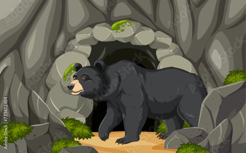 Illustration of a bear exiting a rocky den